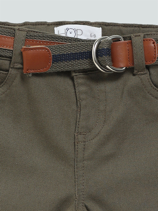 HOP Baby Plain Olive Denim Slim - Fit Mid- Rise Jeans with Belt