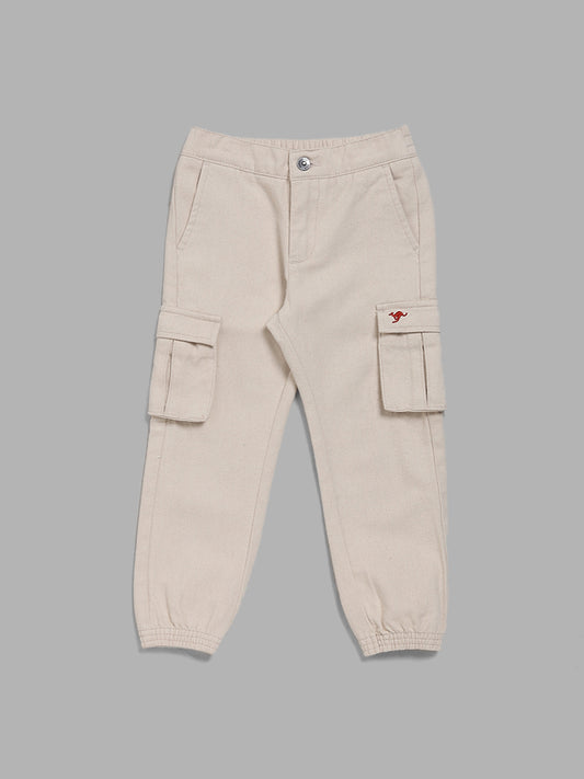 HOP Kids Beige Embroidered Cargo Joggers