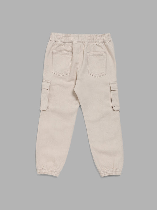 HOP Kids Beige Embroidered Cargo Joggers