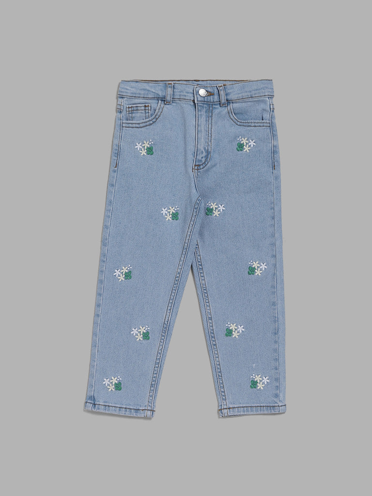 HOP Kids Light Blue Floral Embroidered Denim Jeans