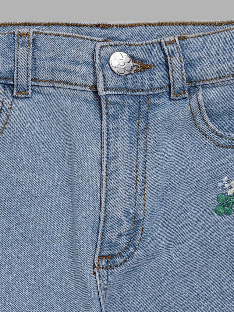 HOP Kids Light Blue Floral Embroidered Denim Jeans