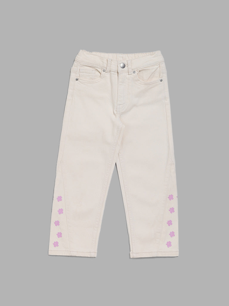 HOP Kids Off White Floral Printed Denim Jeans