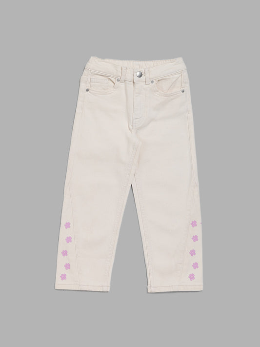 HOP Kids Off White Floral Printed Denim Jeans