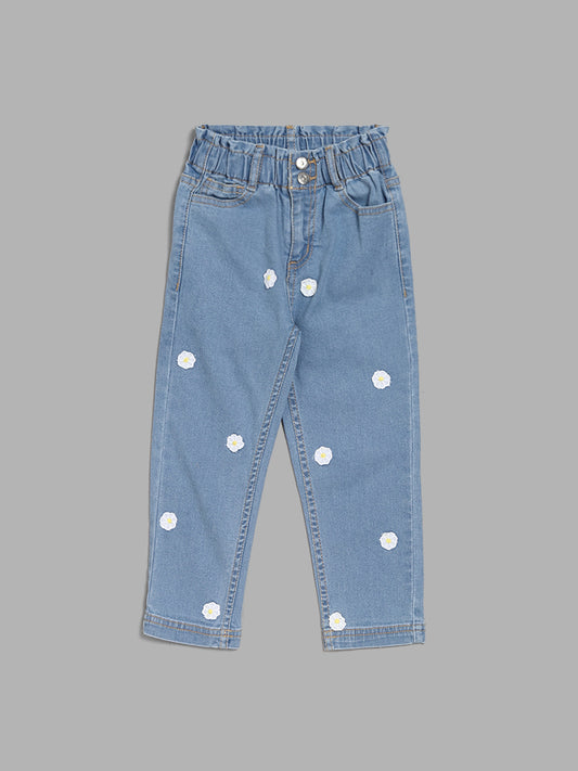 HOP Kids Floral Patch Light Blue Relaxed - Fit Mid - Rise Denim Jeans