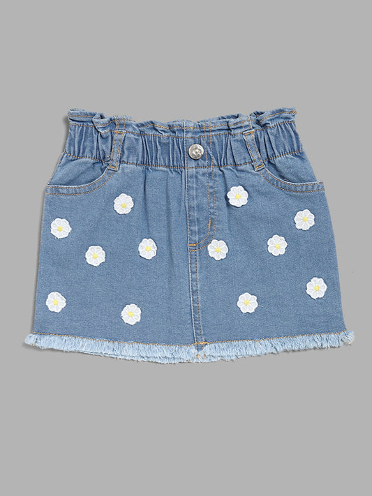 HOP Kids Floral Patch Light Blue Denim Skirt