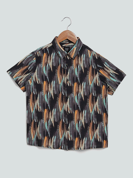 Y&F Kids Brown Abstract Striped Bender Relaxed Fit Shirt