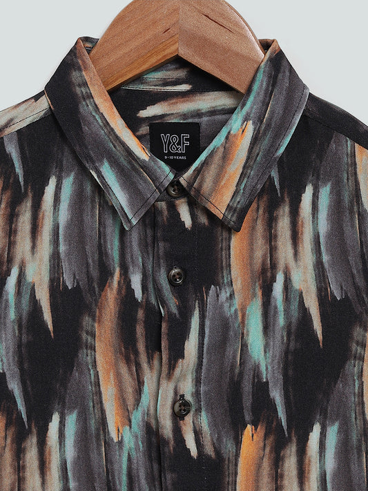Y&F Kids Brown Abstract Striped Bender Relaxed Fit Shirt