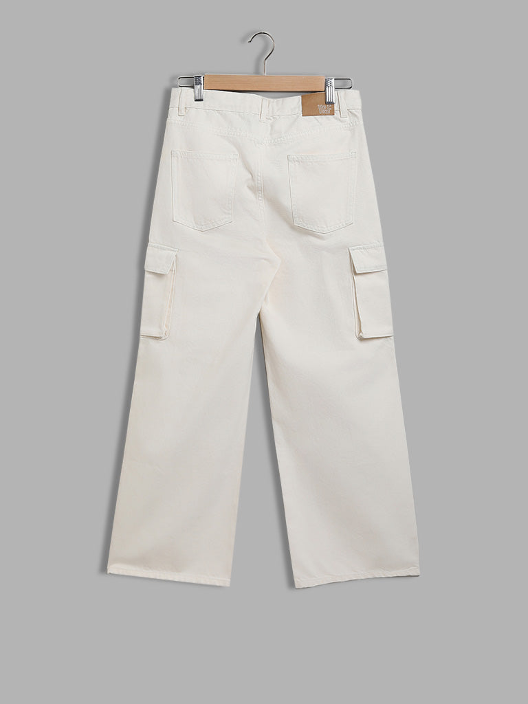 Loose Fit Wide Leg Cargo Jeans - White - Kids