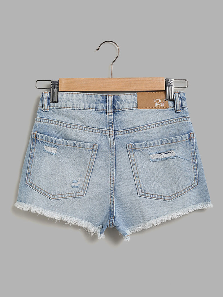 Light Blue High-Waist Double Button Cuffed Hem Ripped Denim Shorts –  Lookbook Store