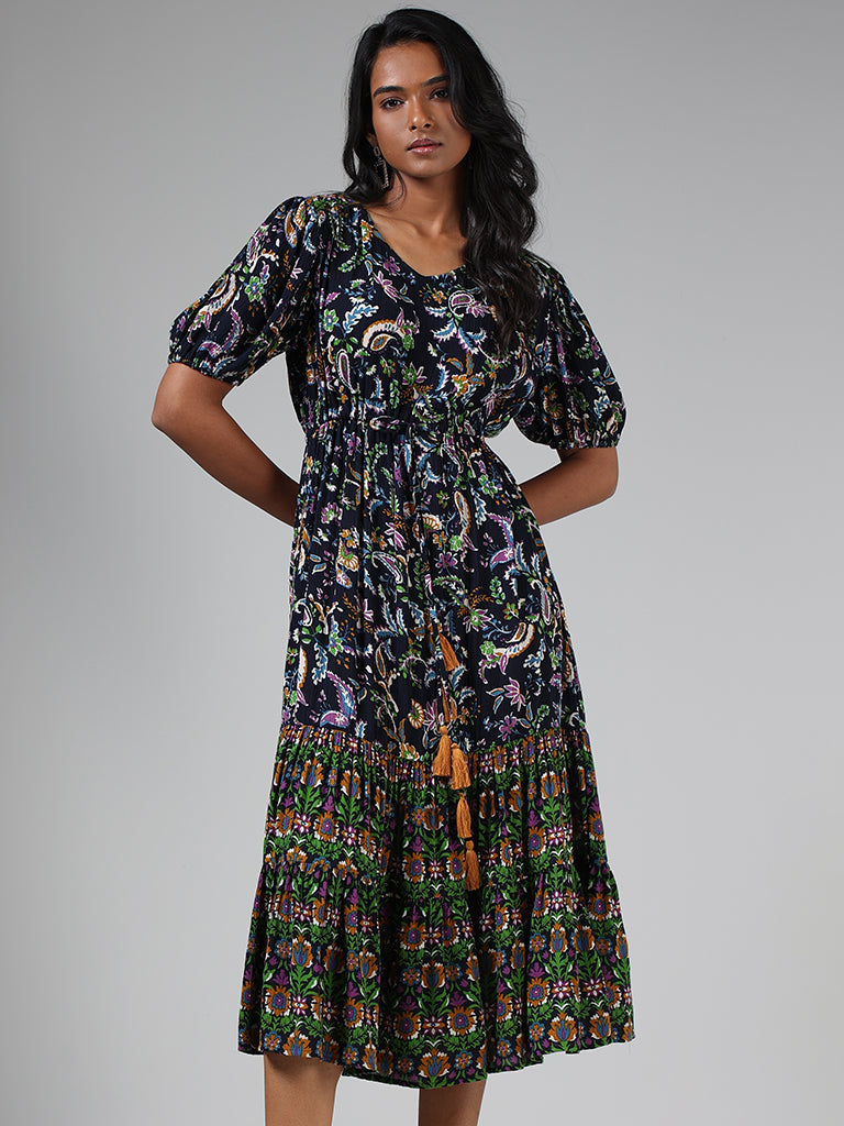 LOV Navy Blue Floral Paisley Printed Tiered Dress