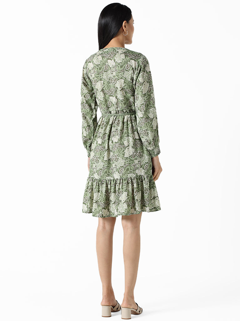 LOV Sage Green Printed Slim Fit Dress