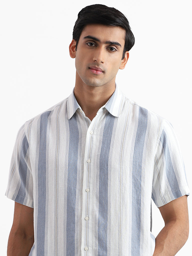 Ascot Block Striped Off White Relaxed Fit Blended Linen Shirt