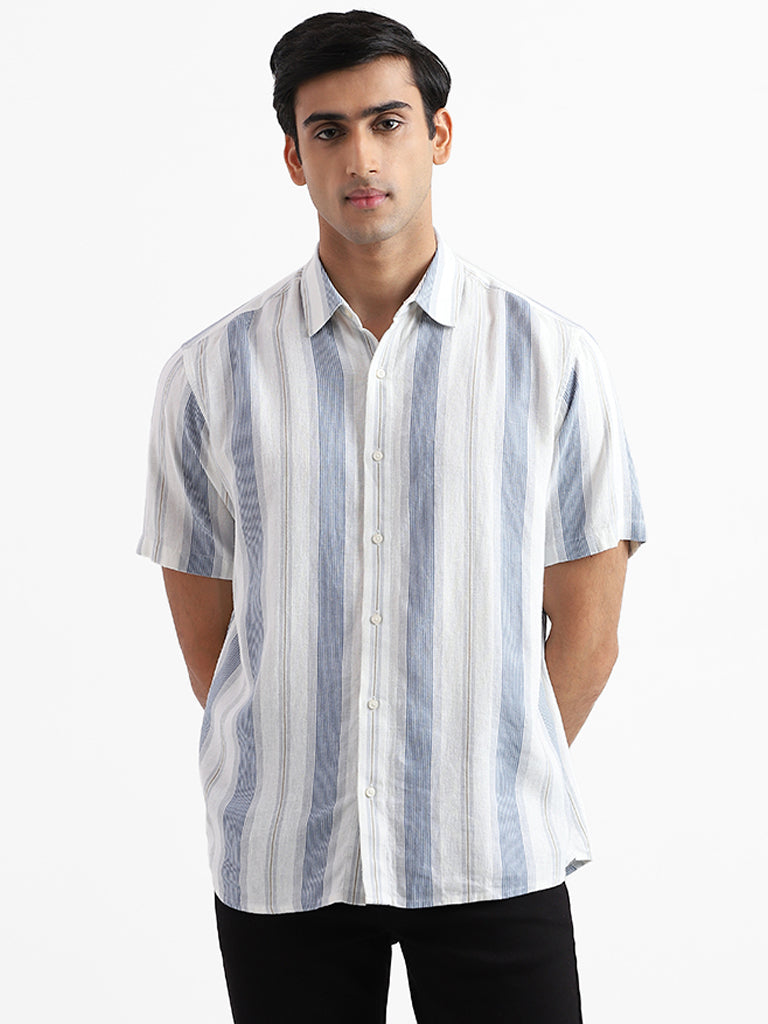 Ascot Block Striped Off White Relaxed Fit Blended Linen Shirt