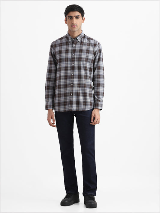 Ascot Ash Blue & Brown Printed Checkered Cotton Relaxed-Fit Shirt