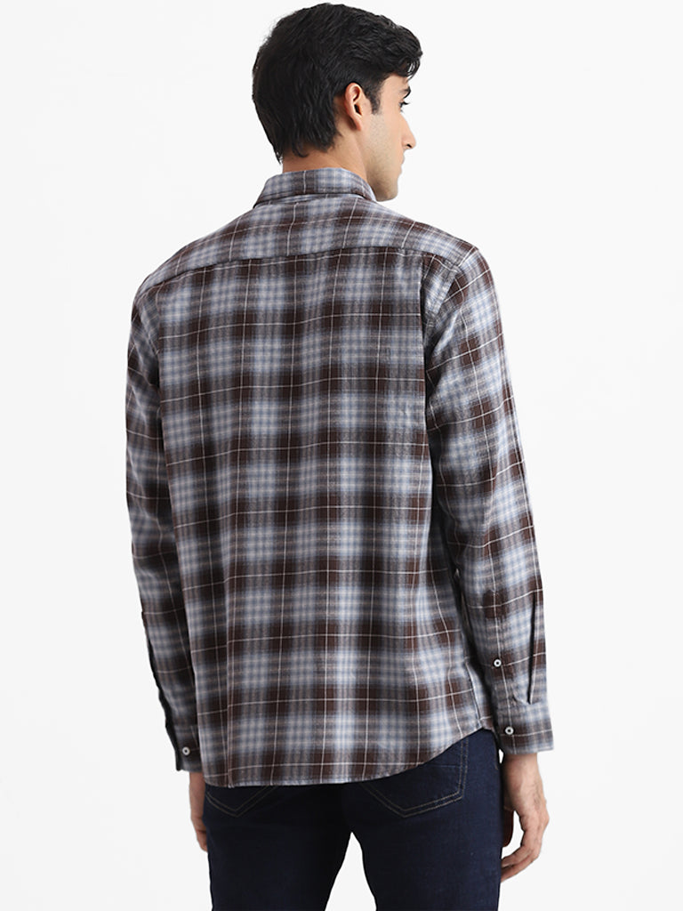 Ascot Ash Blue & Brown Printed Checkered Cotton Relaxed Fit Shirt