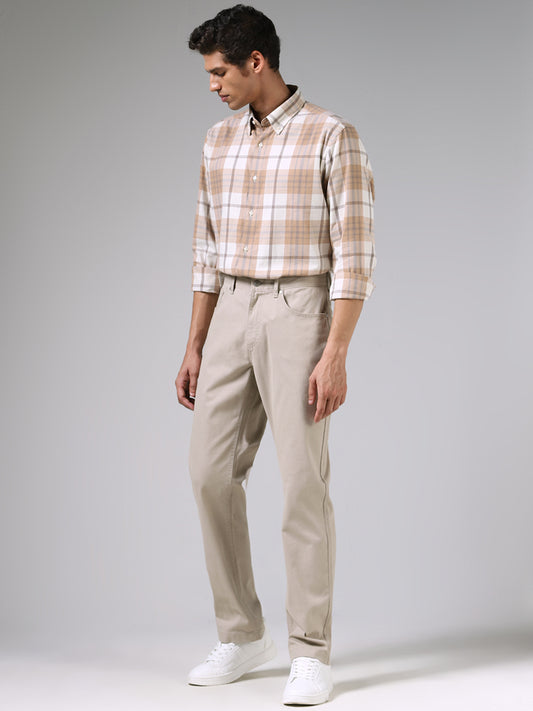 Ascot Beige and White Checkered Cotton Relaxed-Fit Shirt