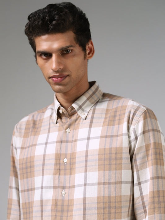 Ascot Beige and White Checkered Cotton Relaxed Fit Shirt