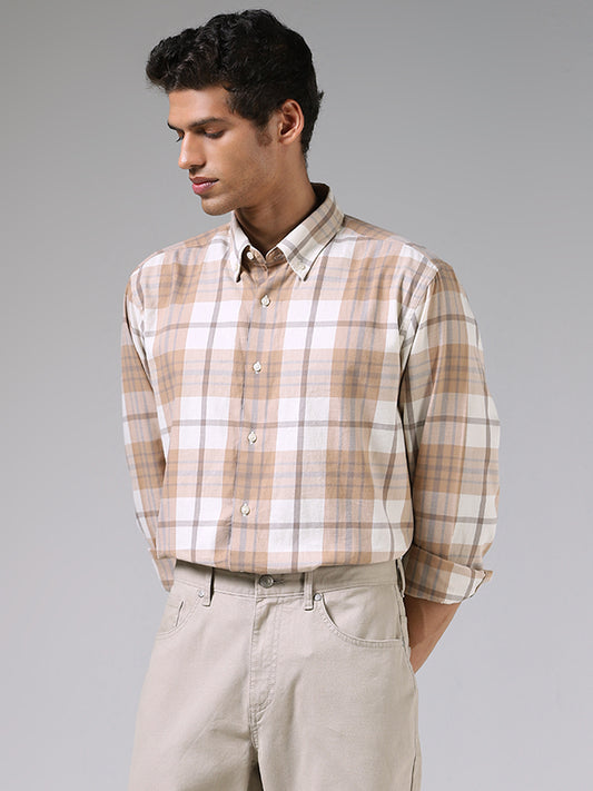 Ascot Beige and White Checkered Cotton Relaxed Fit Shirt