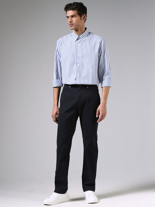 Ascot White and Blue Striped Cotton Relaxed-Fit Shirt