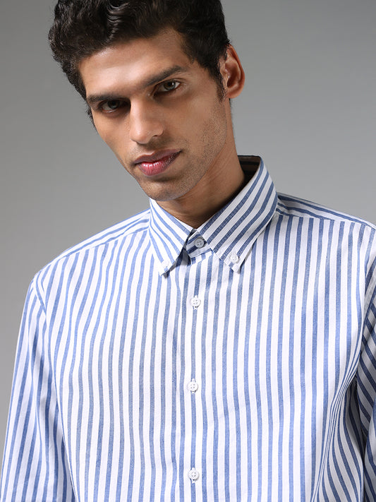 Ascot White and Blue Striped Cotton Relaxed Fit Shirt