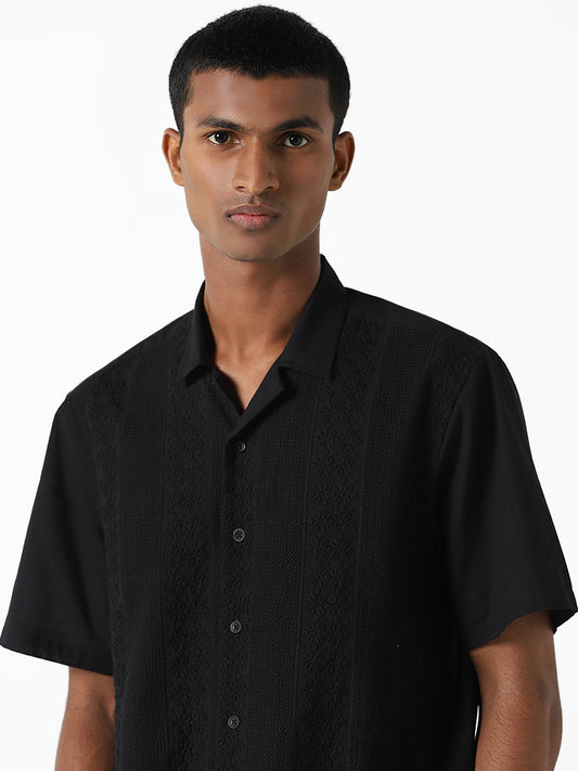 ETA Black Embroidered Resort Fit Dobby Shirt
