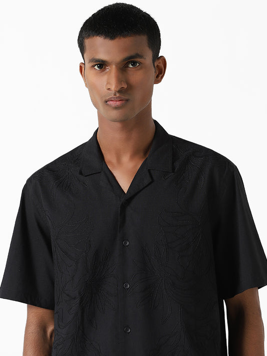 ETA Black Embroidered Cotton Resort Fit Dobby Shirt