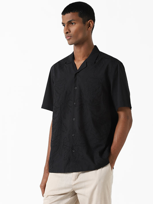 ETA Black Embroidered Cotton Resort Fit Dobby Shirt