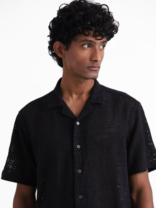 ETA Black Mesh Cotton Relaxed Fit Shirt