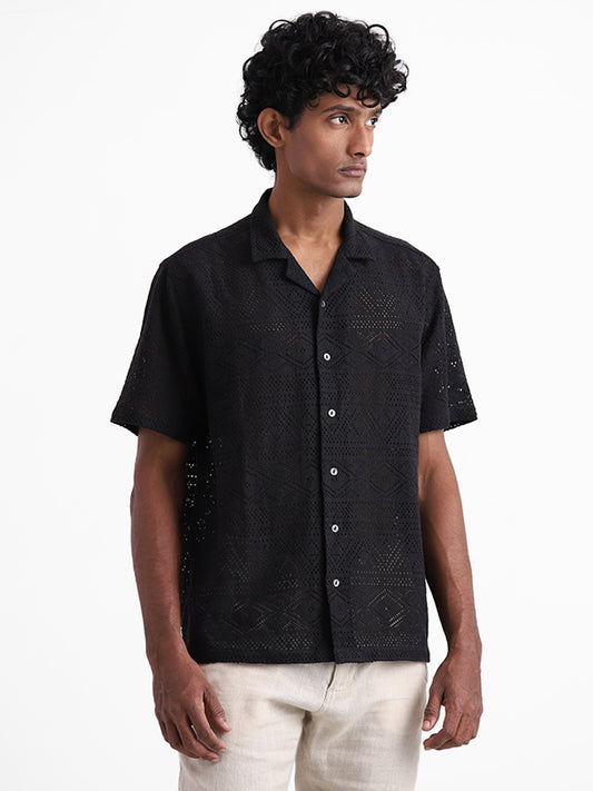 ETA Black Mesh Cotton Relaxed Fit Shirt