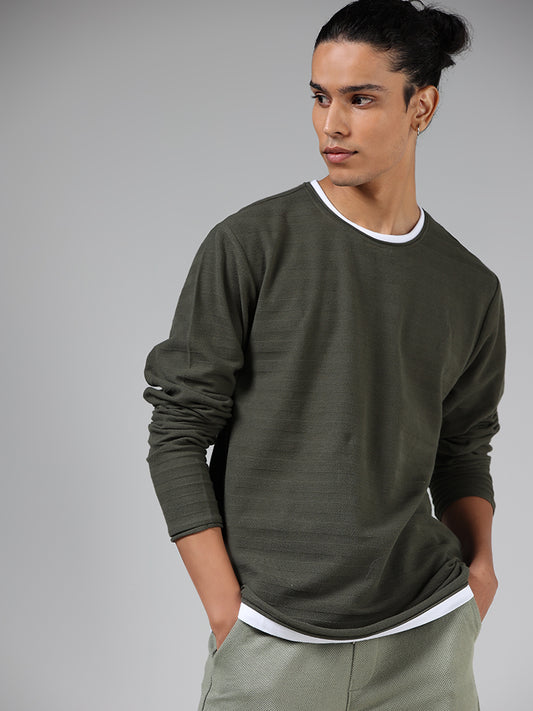 ETA Olive Green Stripe-Textured Cotton Slim Fit T-Shirt