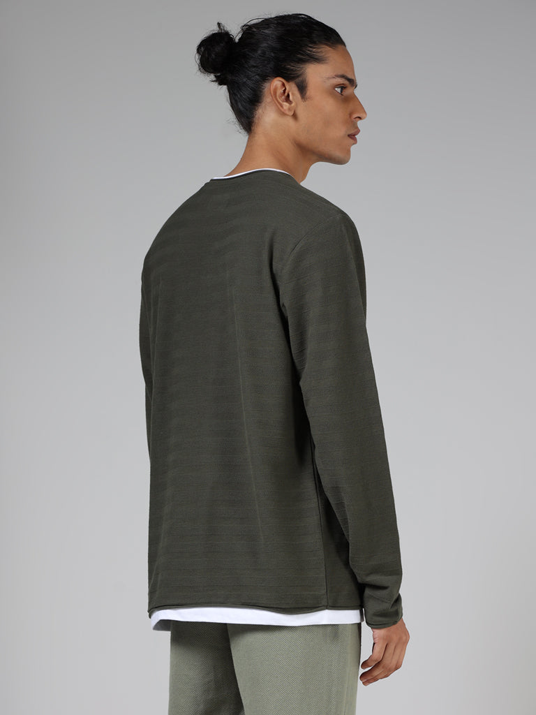 ETA Olive Green Stripe-Textured Slim Fit T-Shirt