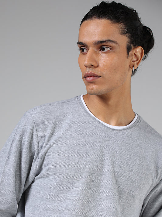 ETA Grey Stripe-Textured Cotton Slim Fit T-Shirt