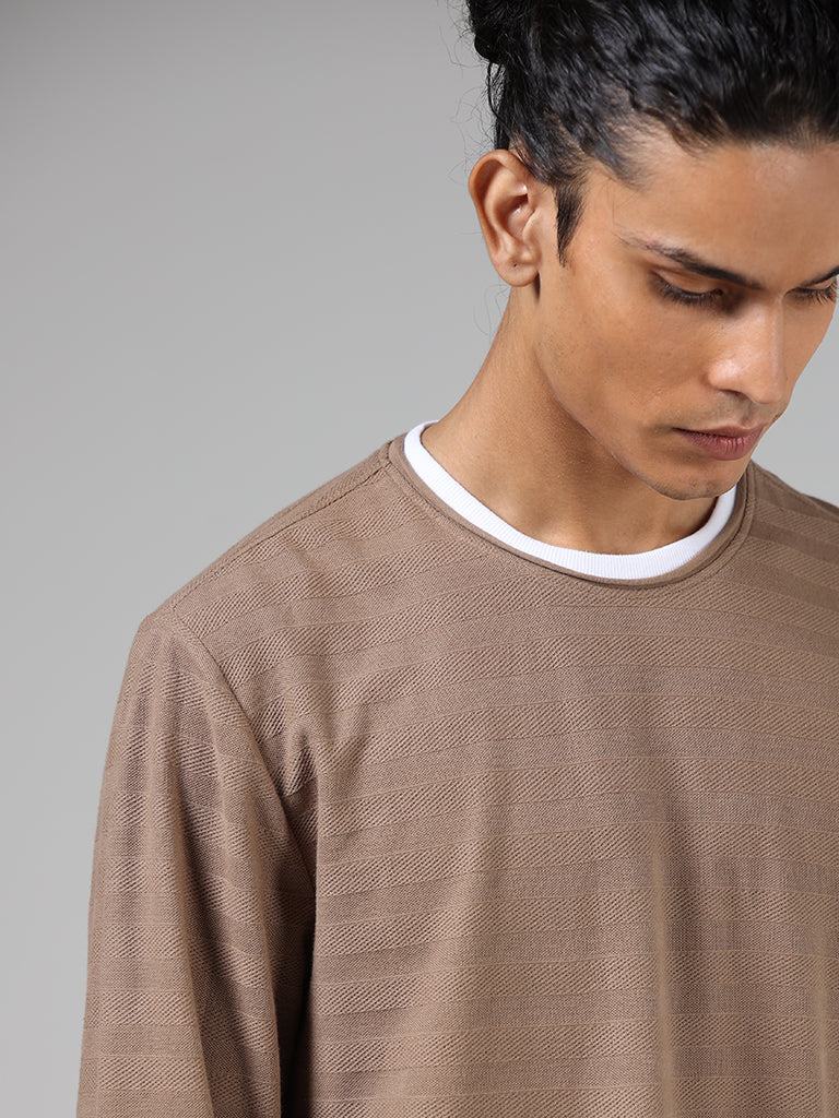 ETA Beige Stripe-Textured Slim Fit T-Shirt