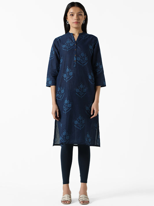 Utsa Indigo Floral Printed A-Line Kurta