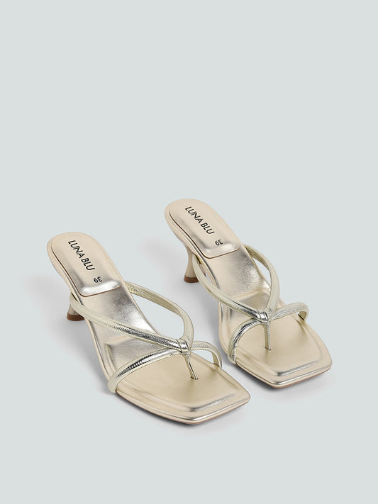 LUNA BLU V Shaped Front Strap Golden Heel Sandals