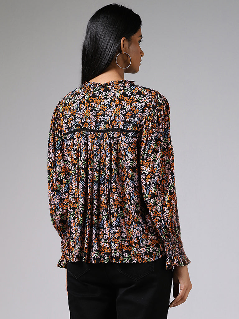 LOV Black Floral Printed Tie-up Top