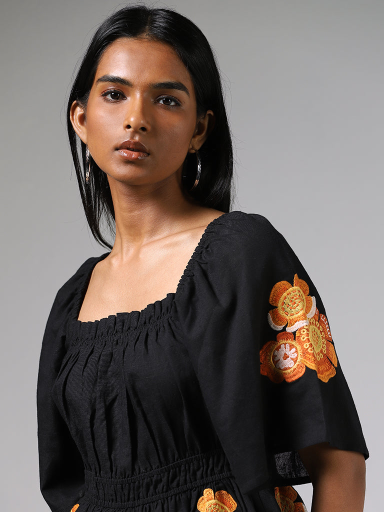 LOV Black Floral Embroidered Shirred Top