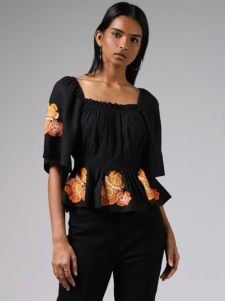 LOV Black Floral Embroidered Shirred Top