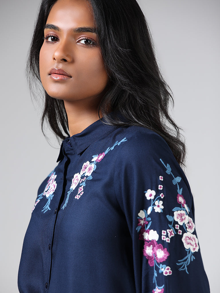 Buy LOV Navy Blue Floral Embroidered Shirt from Westside