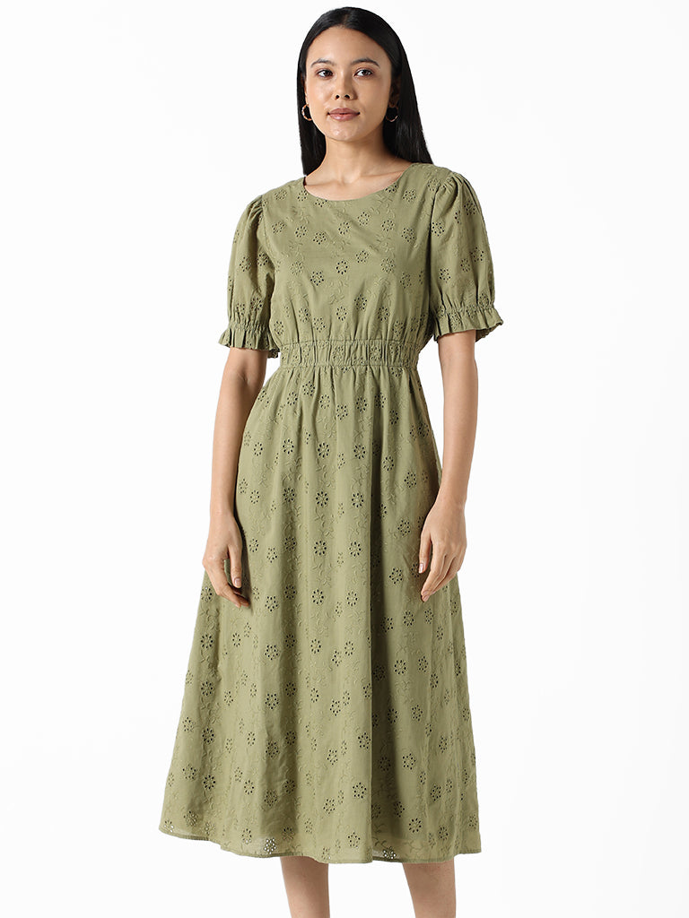 LOV Sage Green Embroidered Floral Regular Fit Dress