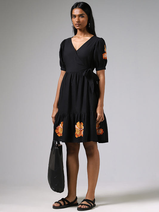 LOV Black Floral Embroidered Wrap Dress