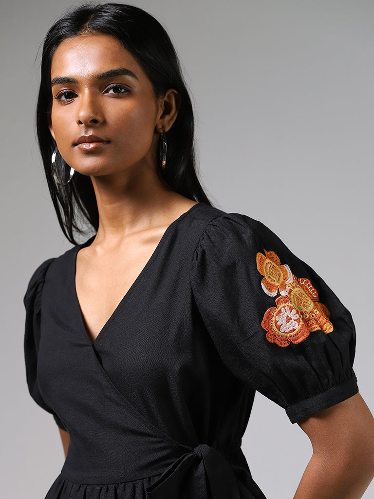 LOV Black Floral Embroidered Wrap Dress