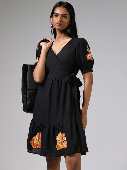 LOV Black Floral Embroidered Wrap Dress
