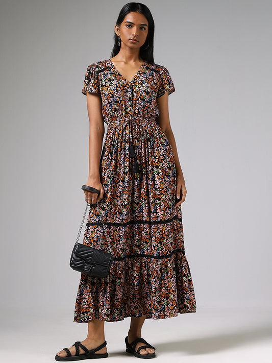 LOV Black Floral Printed Long Dress