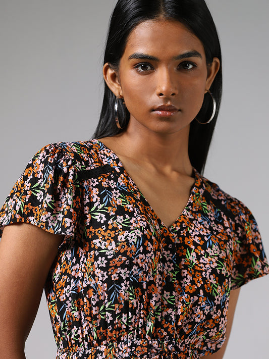 LOV Black Floral Printed Long Dress