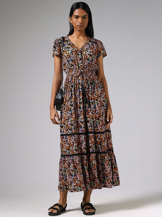 LOV Black Floral Printed Long Dress
