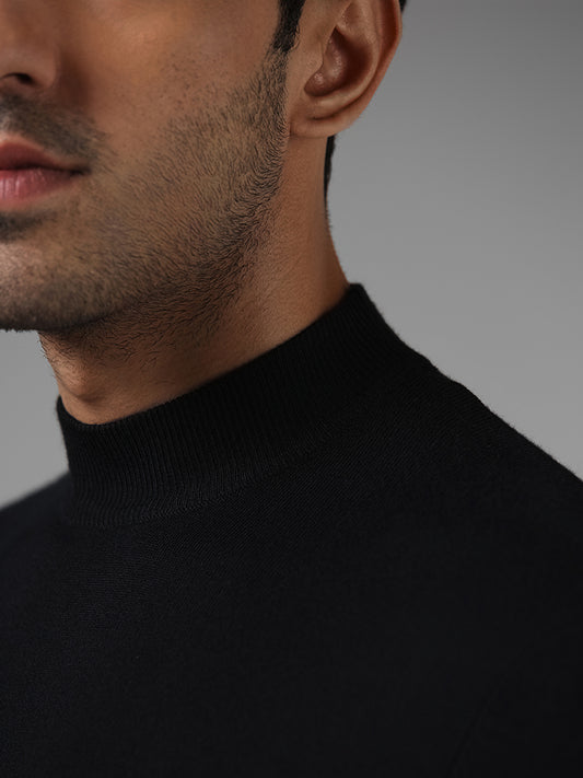 WES Formals Solid Black Slim-Fit High Neck Sweater