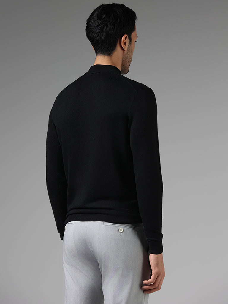 WES Formals Solid Black Slim Fit High Neck Sweater