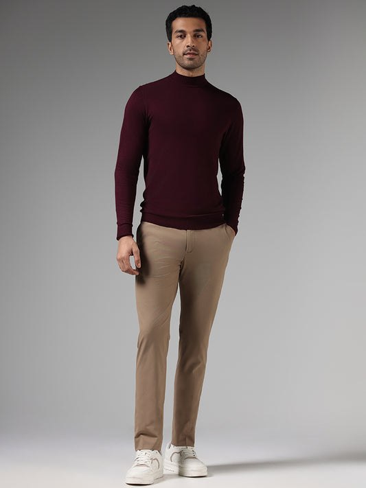 WES Formals Solid Dark Wine Slim-Fit High Neck Sweater