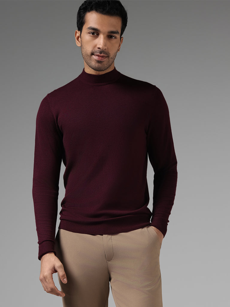 WES Formals Solid Dark Wine Slim Fit High Neck Sweater